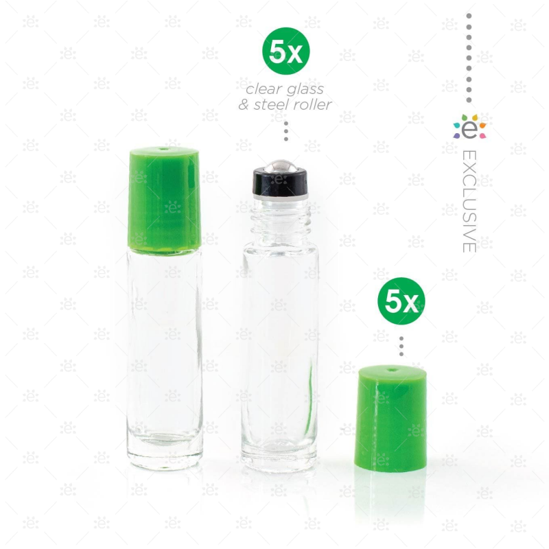 10Ml Clear Glass Roller Bottle With Fern (Green) Lid & Premium Stainless Steel Rollerball - 5 Pack