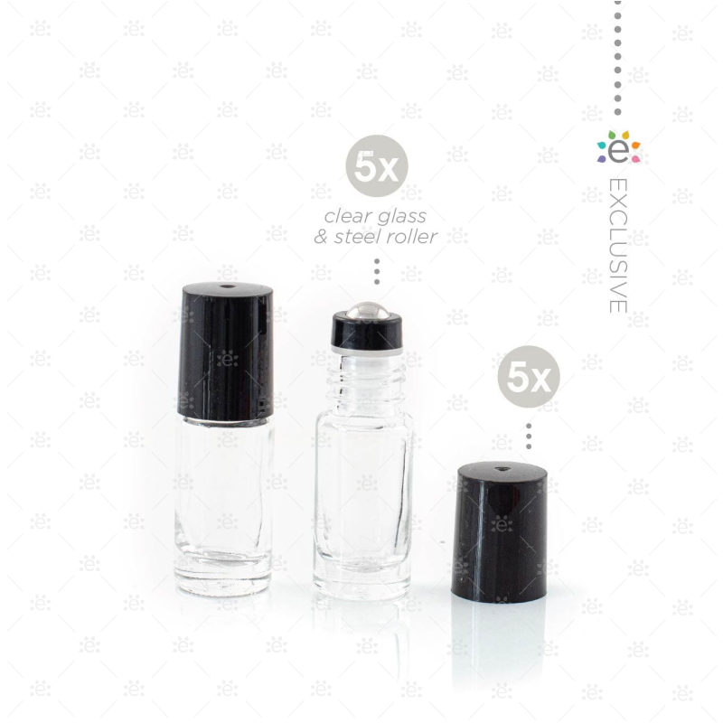 5Ml Clear Glass Roller Bottle With Midnight (Black) Lid & Premium Stainless Steel Rollerball - 5