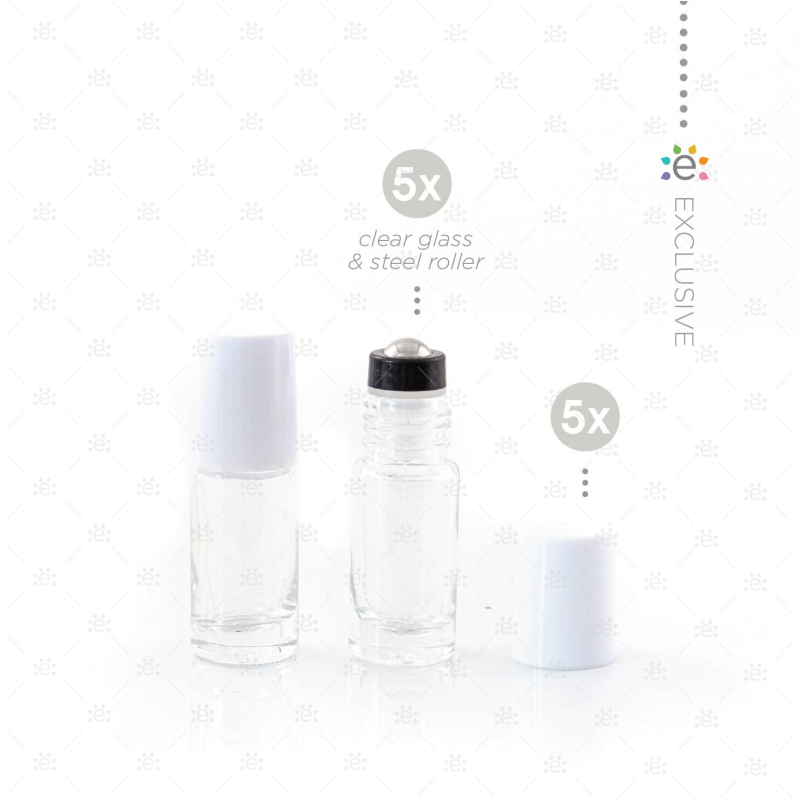 5Ml Clear Glass Roller Bottle With Snow (White) Lid & Premium Stainless Steel Rollerball - 5 Pack