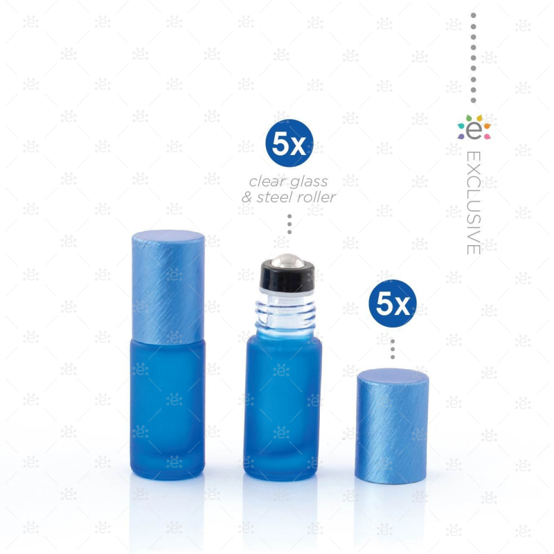 Deluxe Frosted 5Ml Blue Roller Bottles With Metallic Caps & Premium Rollers (5 Pack) Glass Bottle