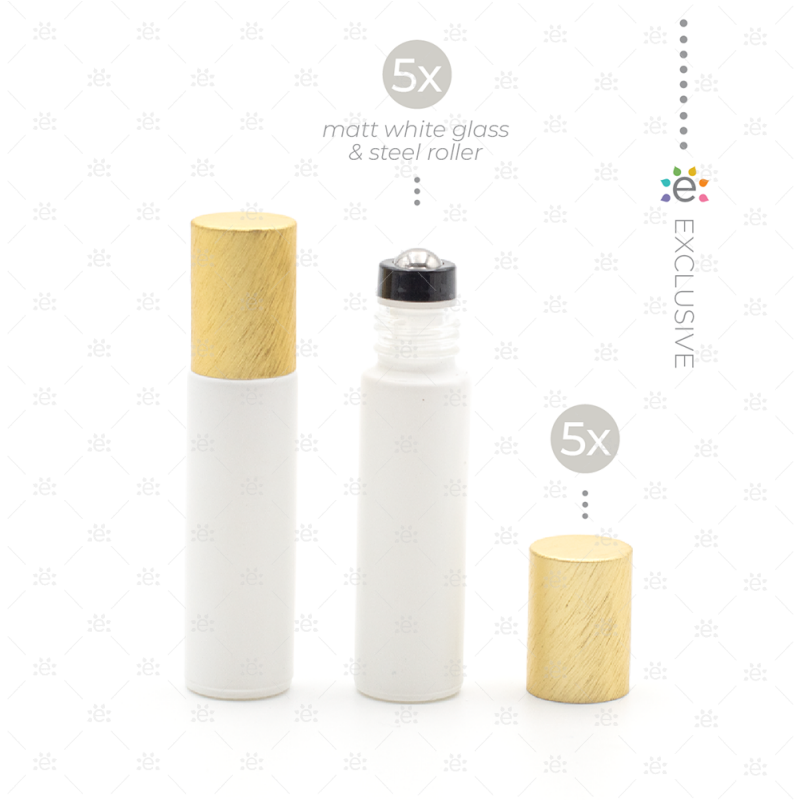 Deluxe Matte 10Ml White Roller Bottles With Gold Metallic Caps & Premium Rollers (5 Pack) Glass