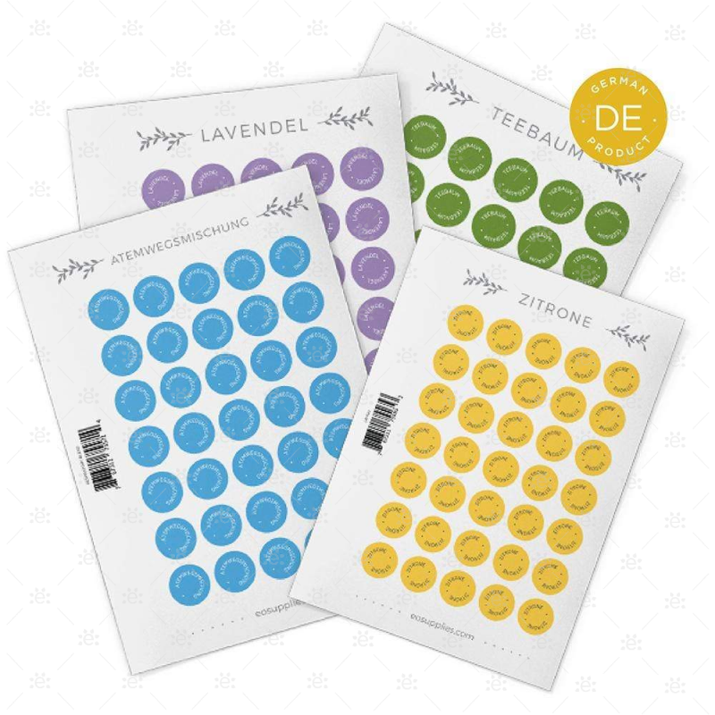 German - Bottle Cap Stickers:  Replacement Sheets (Single & Doterra Trademark Blends) 35 Per Sheet