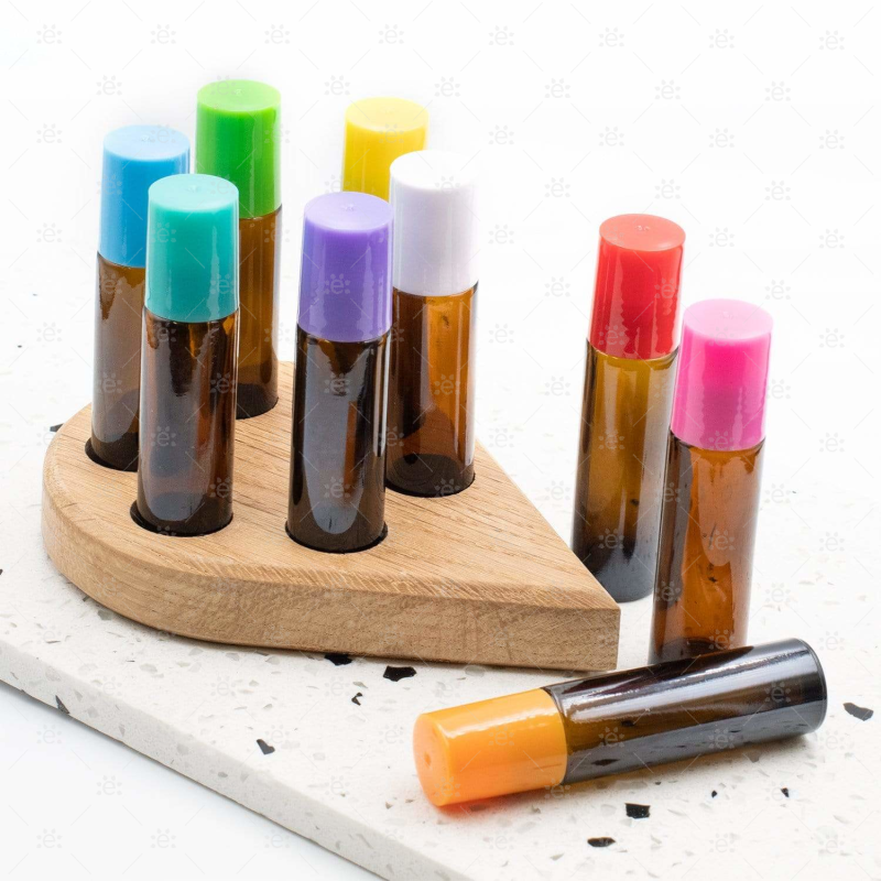 10Ml Amber Roller Bottles With Eos Signature Multi-Coloured Plastic Caps Set Of 9