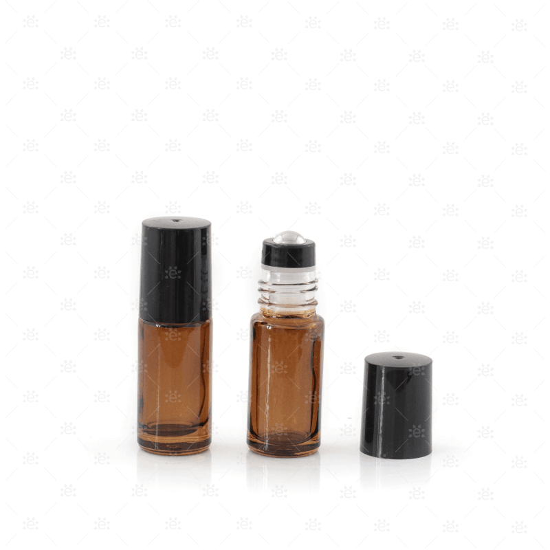 5Ml Amber Glass Roller Bottle With Black Lid & Premium Stainless Steel Rollerball
