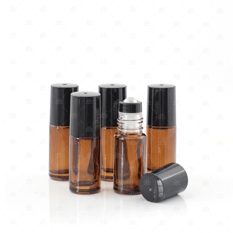 5Ml Amber Glass Roller Bottle With Black Lid & Premium Stainless Steel Rollerball - 5 Multi Pack